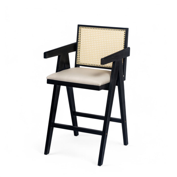 Woven Cane Plastic Backrest Bar Stool Foam Padded Fabric Seat & Durable Rubberwood Frame - Cream Gray