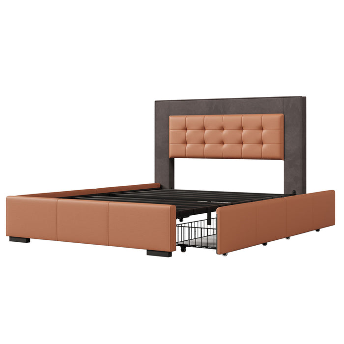 Modern Style Upholstered Queen Platform Bed Frame With Four Drawers, Button Tufted Headboard With PU Leather And Velvet, Two Color, Orange And Brown