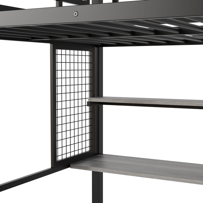 Metal Loft Bed With Wardrobe, Desk, Storage Shelves