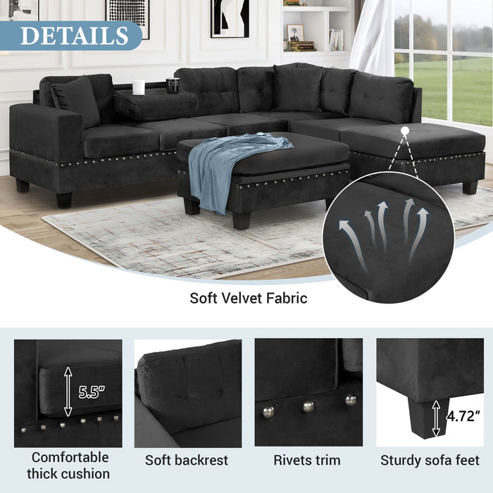 Modern Sectional Sofa With Storage Ottoman, L - Shape Couch With 2 Pillows And Cup Holders