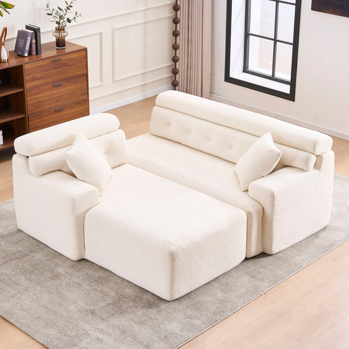 Ly 029B Convertible Chaise Sectional Sofa Full Compression Sponge Modular Couch Cloud 3 Seater Wood Grain Chenille 2 Pillows - Antique White