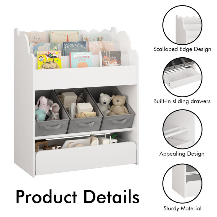 Bookshelf With Storage Bins And Drawer, Multi Functional Book Organizer For Toddlers - White