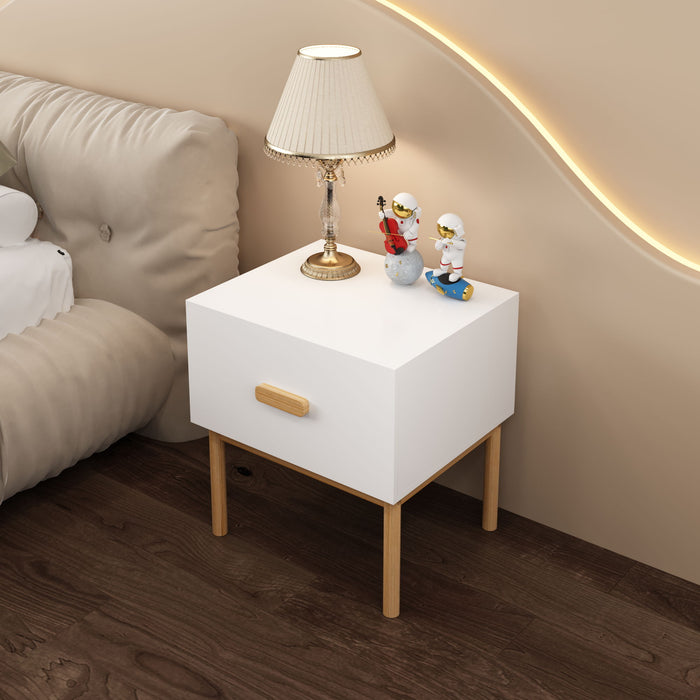 Nightstand With Drawer, Minimalist Bedside Table With Handle For Bedroom - White