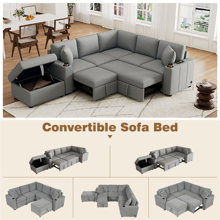 Sectional Sofa Convertible Pull-Out Sofa Bed With A Movable Storage Ottoman For Living Room