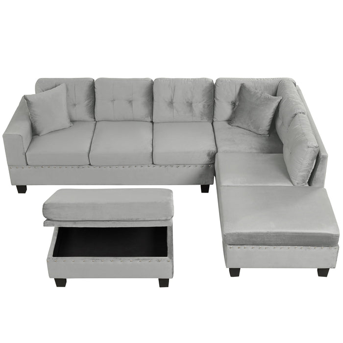 Modern Sectional Sofa With Storage Ottoman, L - Shape Couch With 2 Pillows And Cup Holders