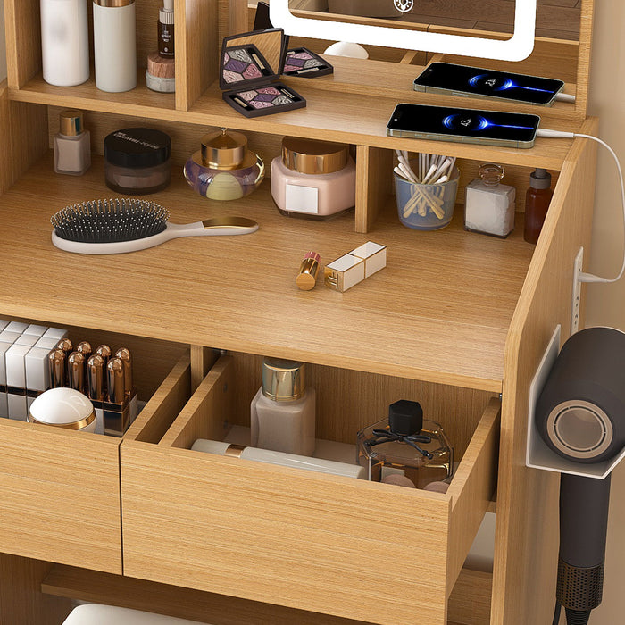 Vanity Table With LED Mirror, Power Outlet, Hairdryer Holder & Padded Stool, Compact Dressing Desk For Small Bedrooms - Wood