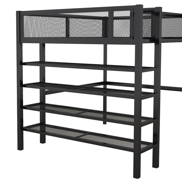 Loft Bed With 4 Tier Shelves And Storage