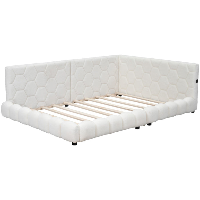 Upholstered Full Size Platform Bed With LED Belt And USB Ports - White