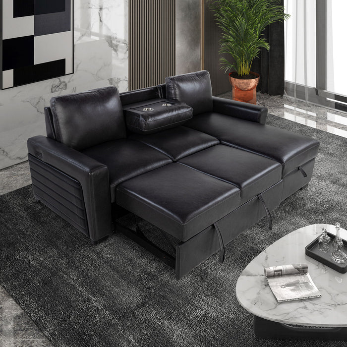 Montero - Sofa With Pull Out Bed, Drop Down Table, USB And Cup Holders, Storage Chaise - Charcoal Black