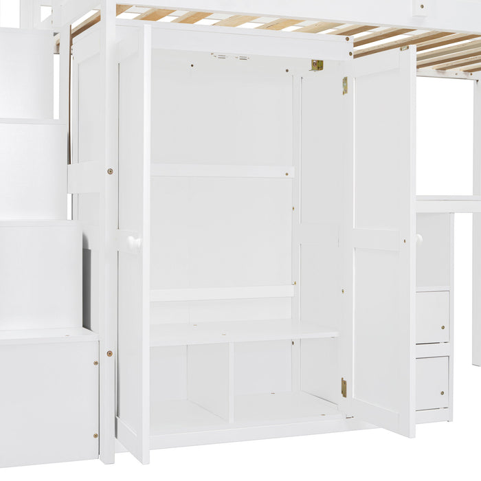 Loft Bed With Stairs, Bookshelf, Drawers, Desk & Wardrobe, Space Saving Multifunctional Furniture
