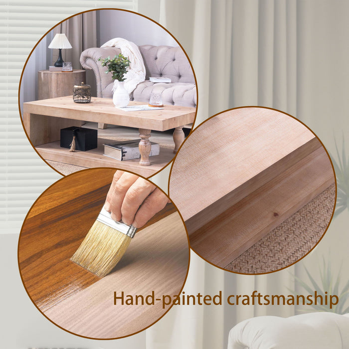 Rustic Solid Wood Coffee Table With Open Shelf, Modern Farmhouse Design - Light Natural / Natural