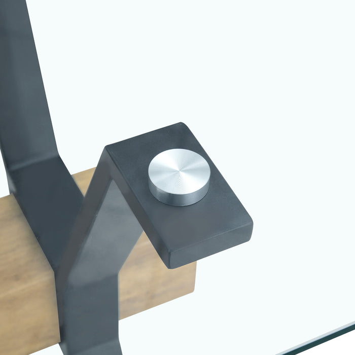 Elegant Tempered Glass Dining Table With X Shaped Metal Legs And Wood Grain Crossbeam - Black / Transparent