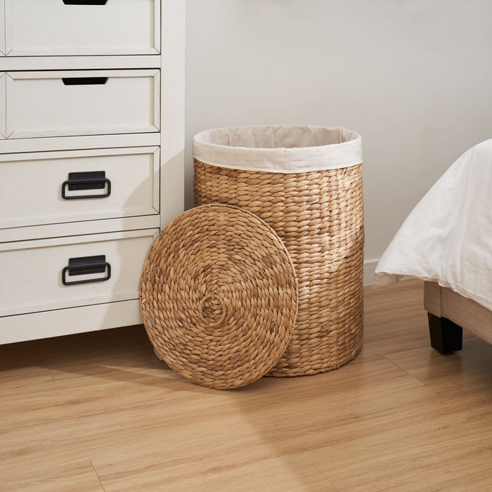 Round Tall Water Hyacinth Woven Wicker Laundry Hamper With Lid - For Clothes, Canvas, Toys And Book Storage With Removable Liner - 15" X 15" X 20" - Natural Brown