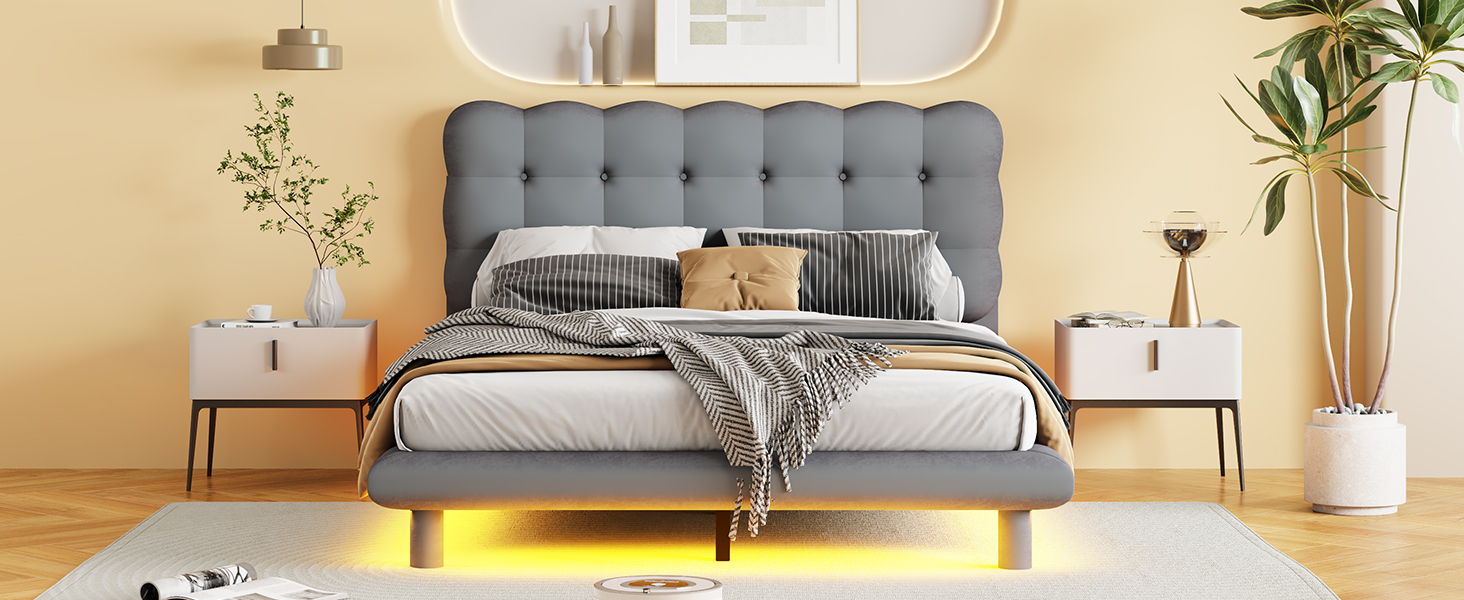 Platform Bed With LED Frame, Thick & Soft And Button Tufted Design Headboard