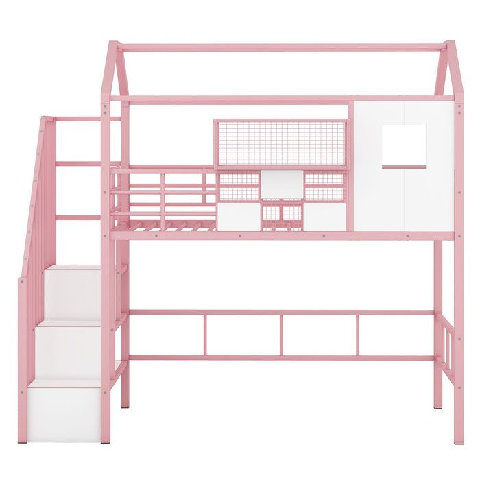Metal Loft Bed With Roof Design And Storage Box With Guardrails And Integrated Ladder