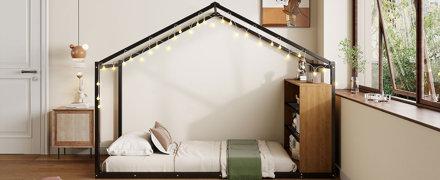 Bed House Frame With Shelves And Lights