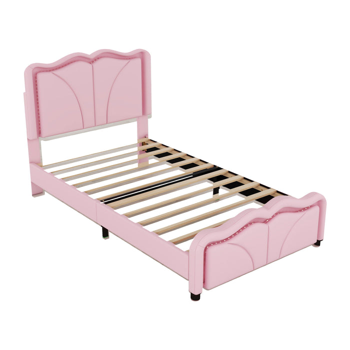 Upholstered Platform Bed & Curve Shaped And Height Adjustable Headboard, LED Light Strips