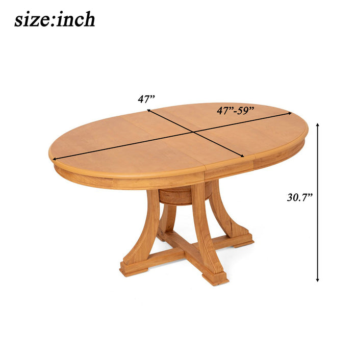 Extendable Round Dining Table, Adjustable Length, Construction With Space Saving Design - Natural Wood