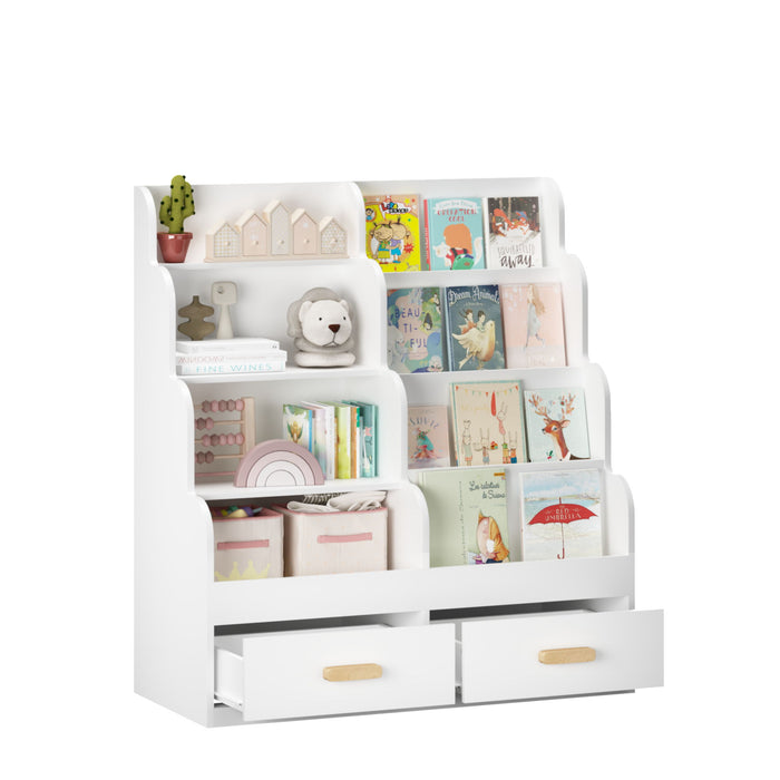 Bookshelf With 2 Storage Drawers, Front Facing Bookcase And Toy Organizer, Multi Tier Reading Shelf - White