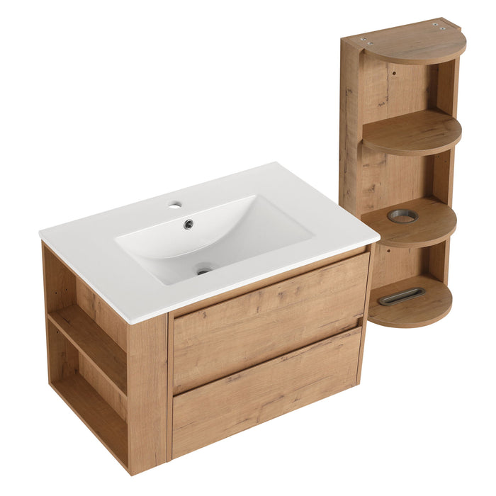Modern Wall Mounted Bathroom Vanity With Ceramic Sink And Storage Rack, 2 Soft Close Drawers