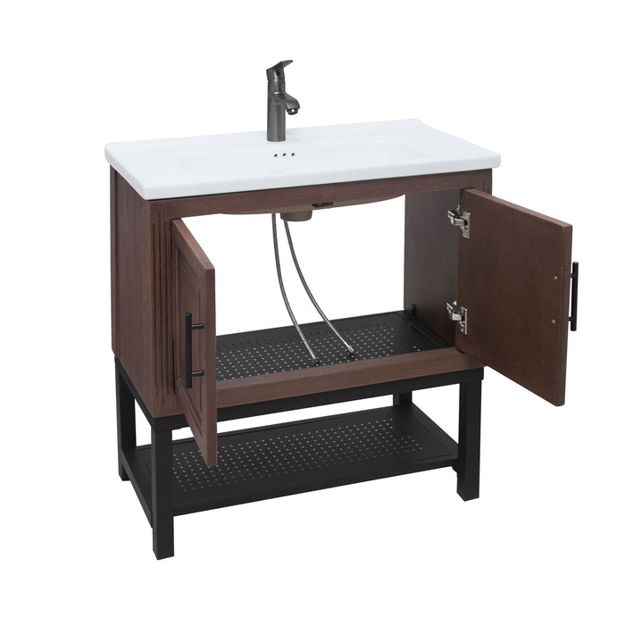 Modern Freestanding Bathroom Vanity With Ceramic Sink, Hot And Cold Faucet, Storage Cabinet & Open Shelf