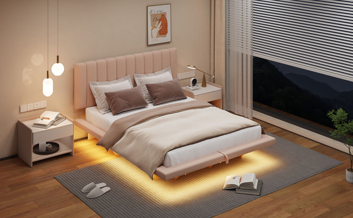 Upholstered Floating Hydrualic Platform Bed With LED Light And USB Port