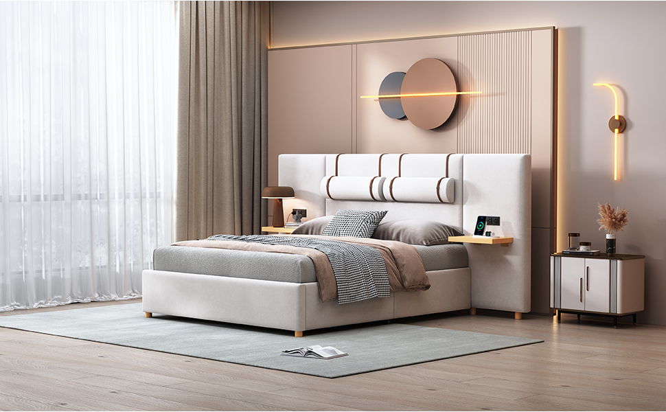 Upholstered Platform Bed, 2 Outlets And USB Charging Ports On Both Sides, 2 Bedside Pillows, Storage Shelves