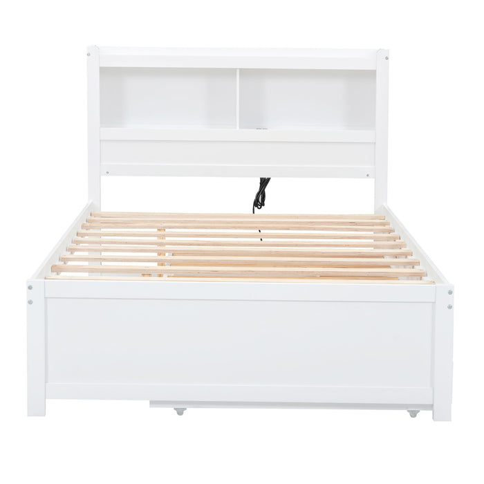 Full Size Platform Bed With Trundle, Drawers, USB Ports And Built In Shelves - White
