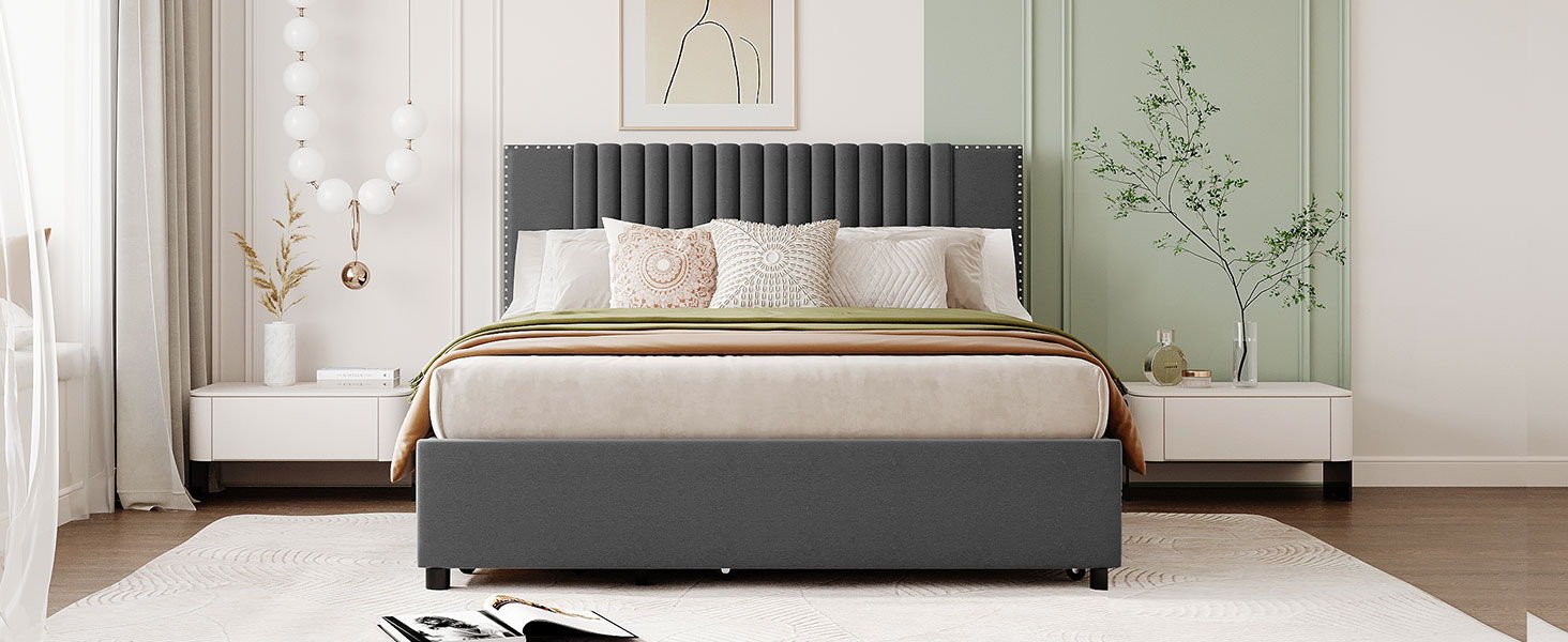 Upholstered Platform Bed With Drawers, Classic Headboard Design