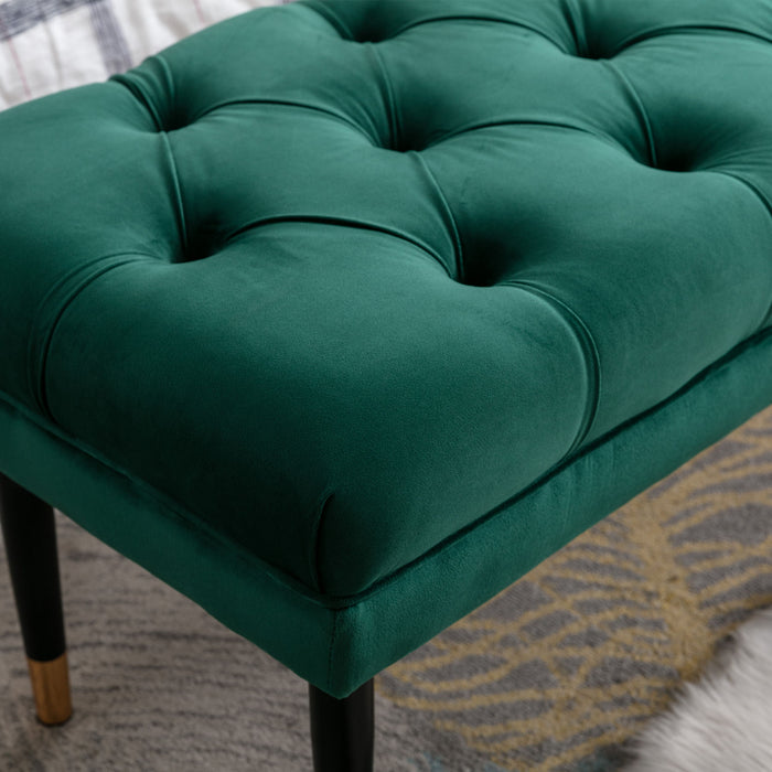 Tufted Bench Modern Velvet Button Upholstered Ottoman Enches Bedroom Rectangle Fabric Footstool With Metal Legs For Living Room Entryway, Green