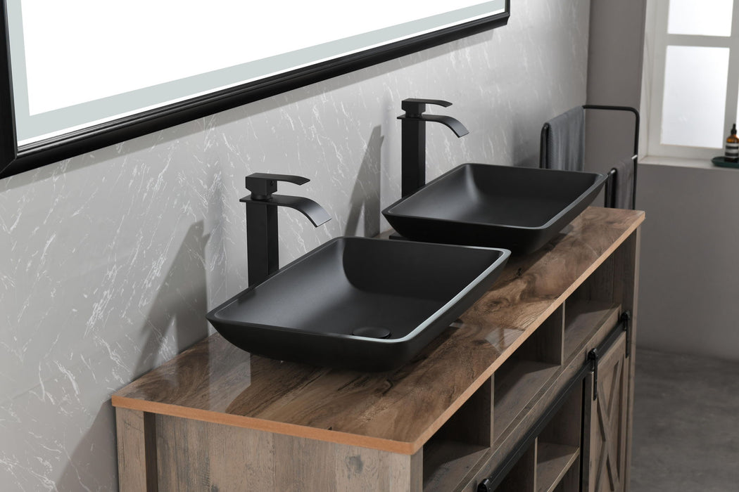 Matte Shell Glass Rectangular Vessel Bathroom Sink In Black With Faucet And Pop-Up Drain In Matte Black