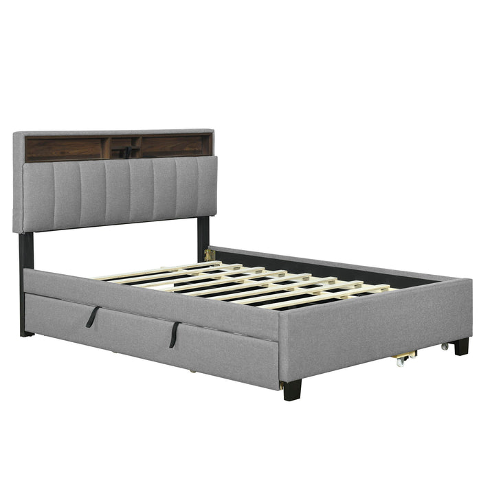 Upholstered Platform Bed With Storage Headboard, Trundle & 2 Drawers And A Set Of Sockets & USB Ports