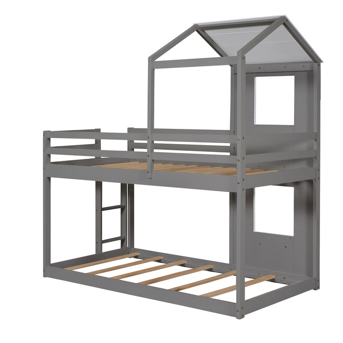 Bunk Bed Wood Bed & Roof, Window, Guardrail, Ladder
