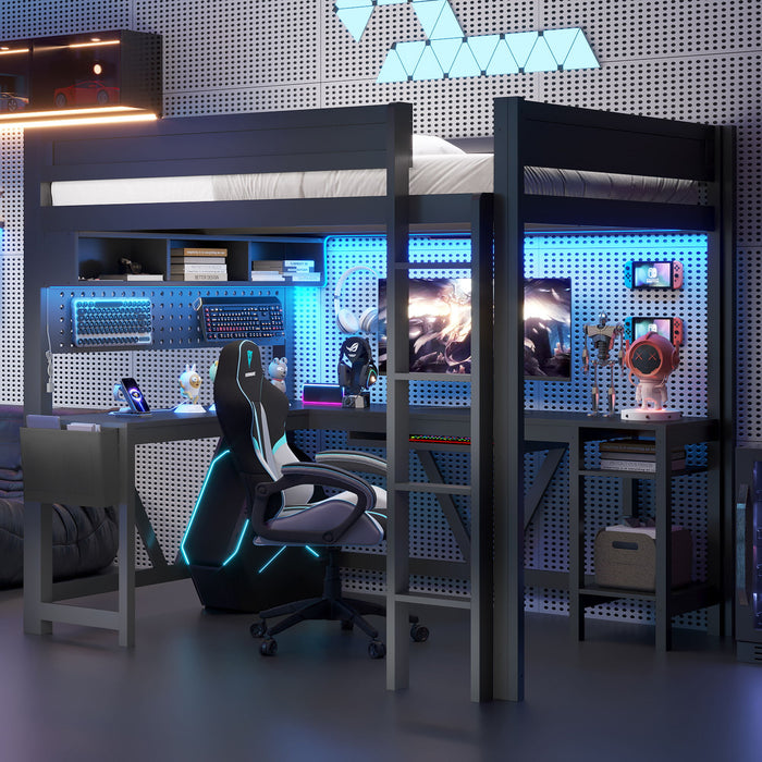 Gaming Loft Bed With Desk, Storage Shelves, LED And Charging Station