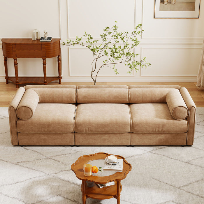 Stylish Chenille Sofa With Storage Seat And Cylindrical Backrest