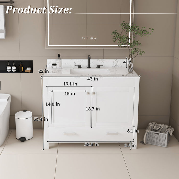 43" Bathroom Vanity With Artificial Marble Carrara Top Set, Multi Functional Bathroom Cabinet With Doors And Drawer - White