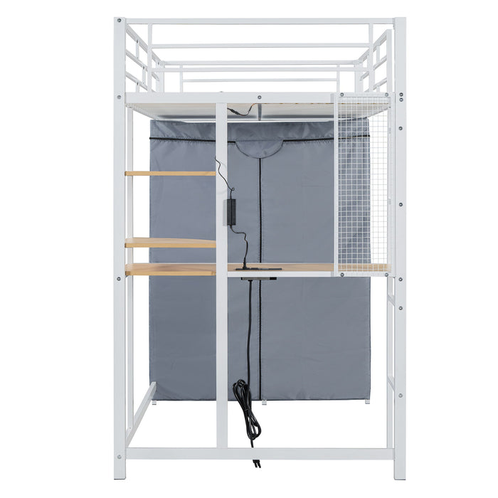 Loft Bed With Desk, Shelves, Power Outlet, LED Light And Wardrobe