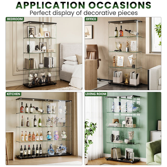 Modern Glass Display Cabinet With 4 Shelf Double Doors And Lock, Tempered Glass Bookshelf For Living Room - Black