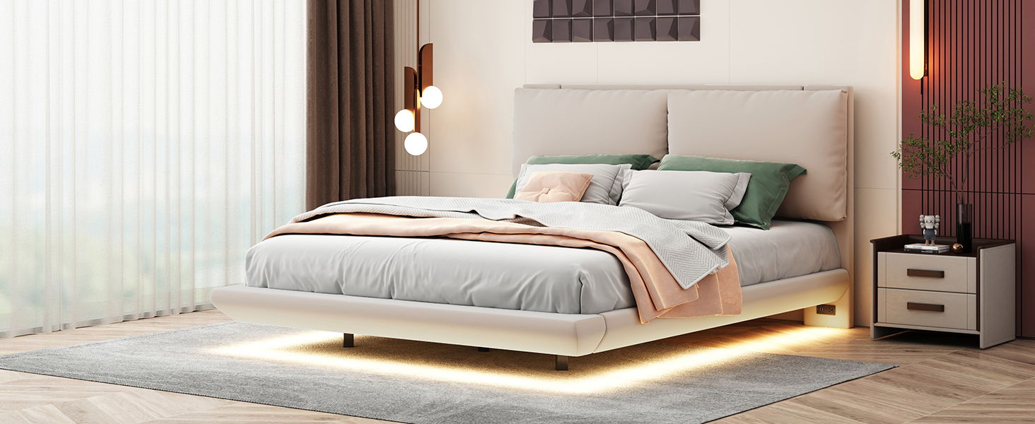 Upholstered Platform Bed With Sensor Light And 2 Large Backrests, With 2 Sets Of USB Port And Socket On Each Rear Bed Leg