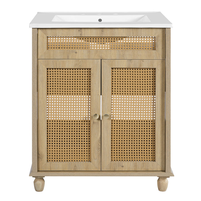 Bathroom Vanity With Handwoven Rattan Doors, Resin Basin - Natural Wood
