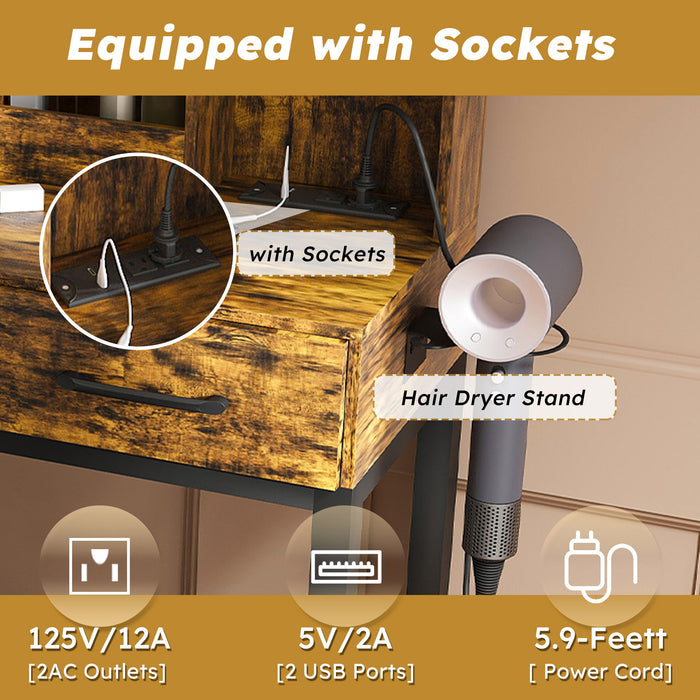 Makeup Vanity Table With LED Lights, 3 Color Options, Power Outlet