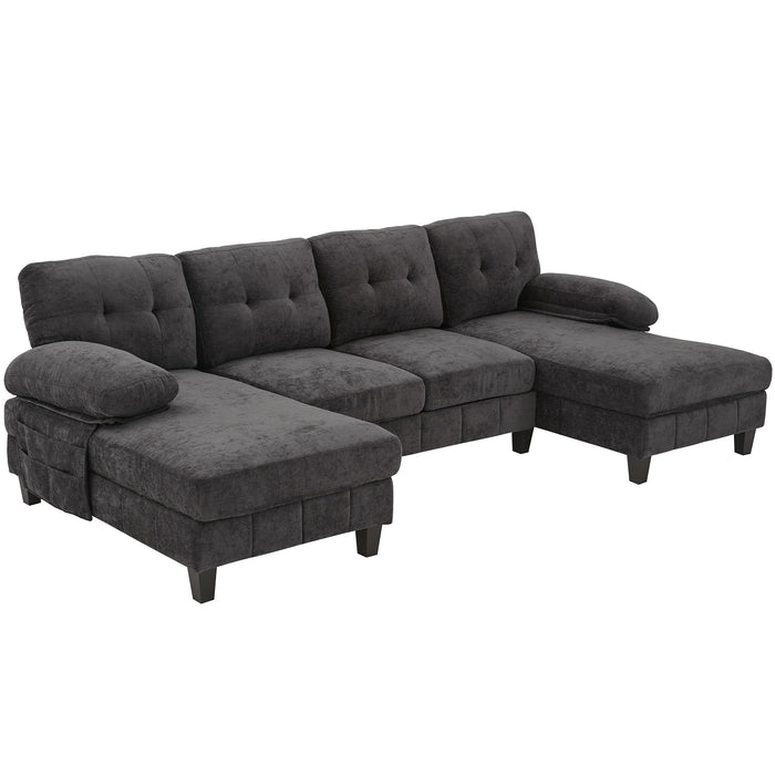 U-Shaped Sectional Sofa 103.5" Black Chenille Fabric Couch With Dual Chaise Lounges, Storage Pockets, Armrest Pillows