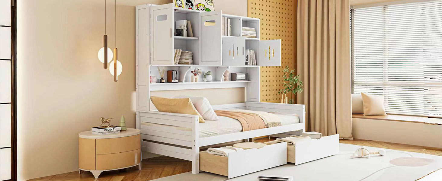 Daybed With All-In-One Cabinet And Shelf