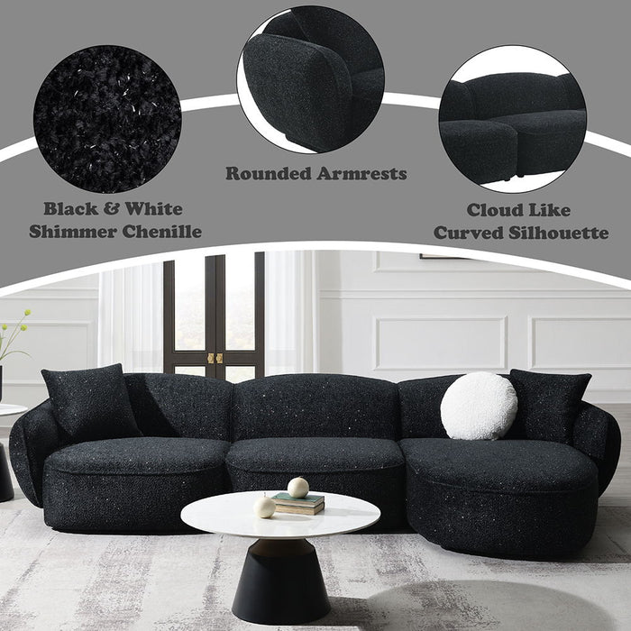 Lucifer - Sectional Sofa With 3 Pillows - Black Shimmer Chenille