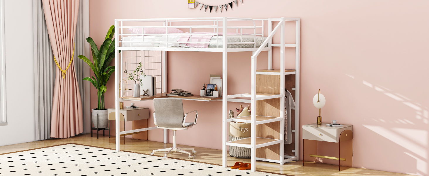 Loft Bed With Desk And Grid, Stylish Frame With Lateral Storage Ladder And Wardrobe