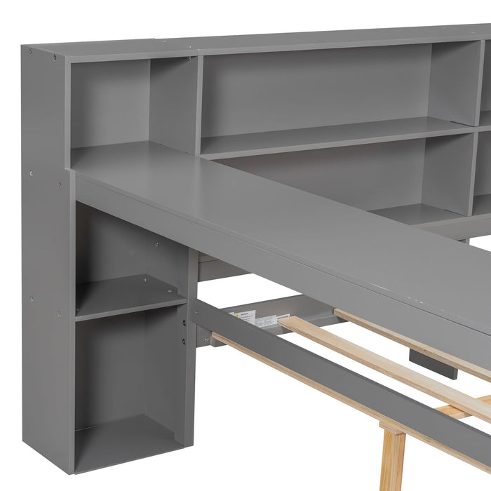 Platform Bed With Upholstered Headboard, Storage Shelves, Drawers, Charging Station, LED Lighting, Built In Desk