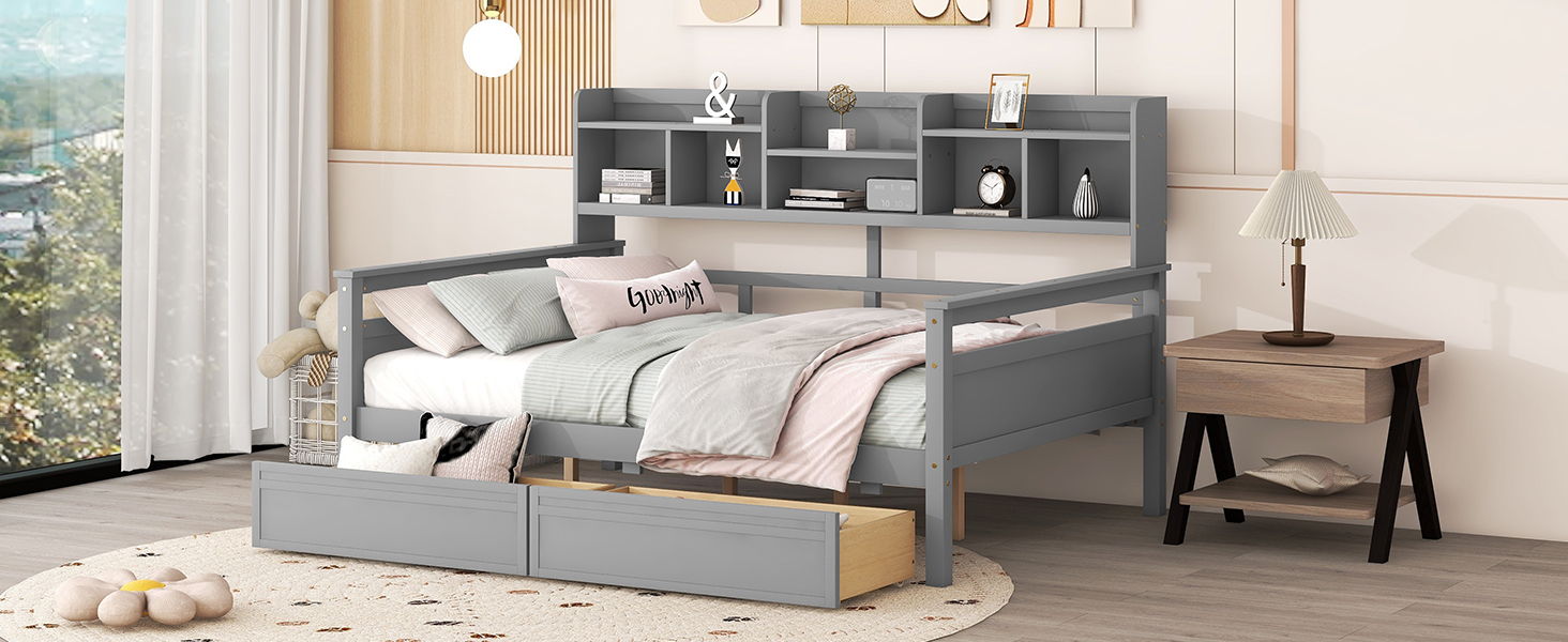Daybed, Slat Support, With Bedside Shelves And 2 Drawers