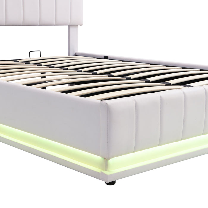 Upholstered Bed With Hydraulic Storage System And LED Light, With Sockets And USB Ports