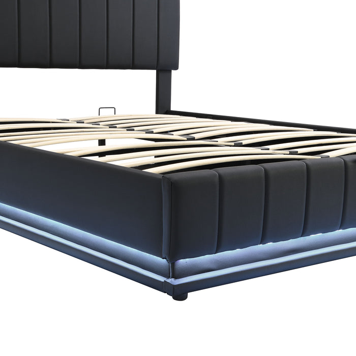 Upholstered Bed With Hydraulic Storage System And LED Light, With Sockets And USB Ports