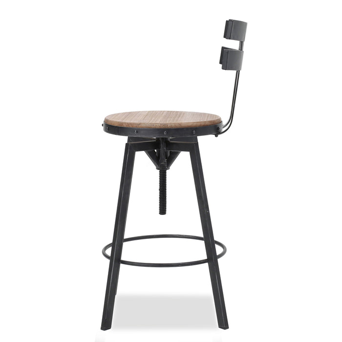 Rustic Metal Barstool With Wooden Seat - Black Brush Silver